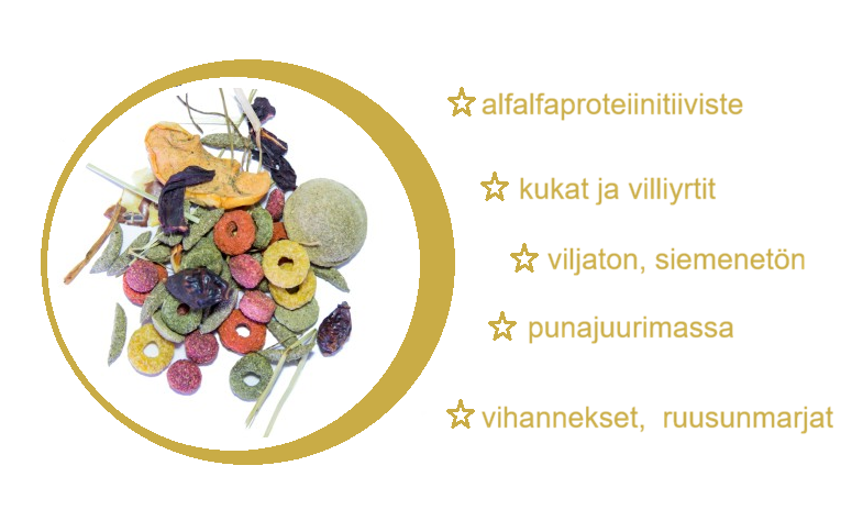 Vihanneksia ja yrttejä sekä ruusunmarjasekoitusta marsuille