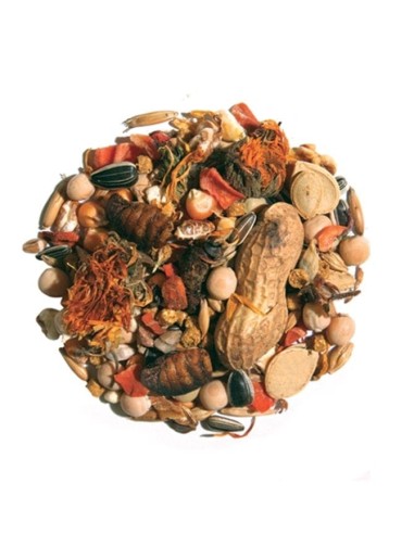 tasapainoinen ja perustuu siemeniin, eläinproteiineihin (kuivatut hyönteiset) ja kasviproteiineihin (puna-apila, samettikukat ja porkkanat).